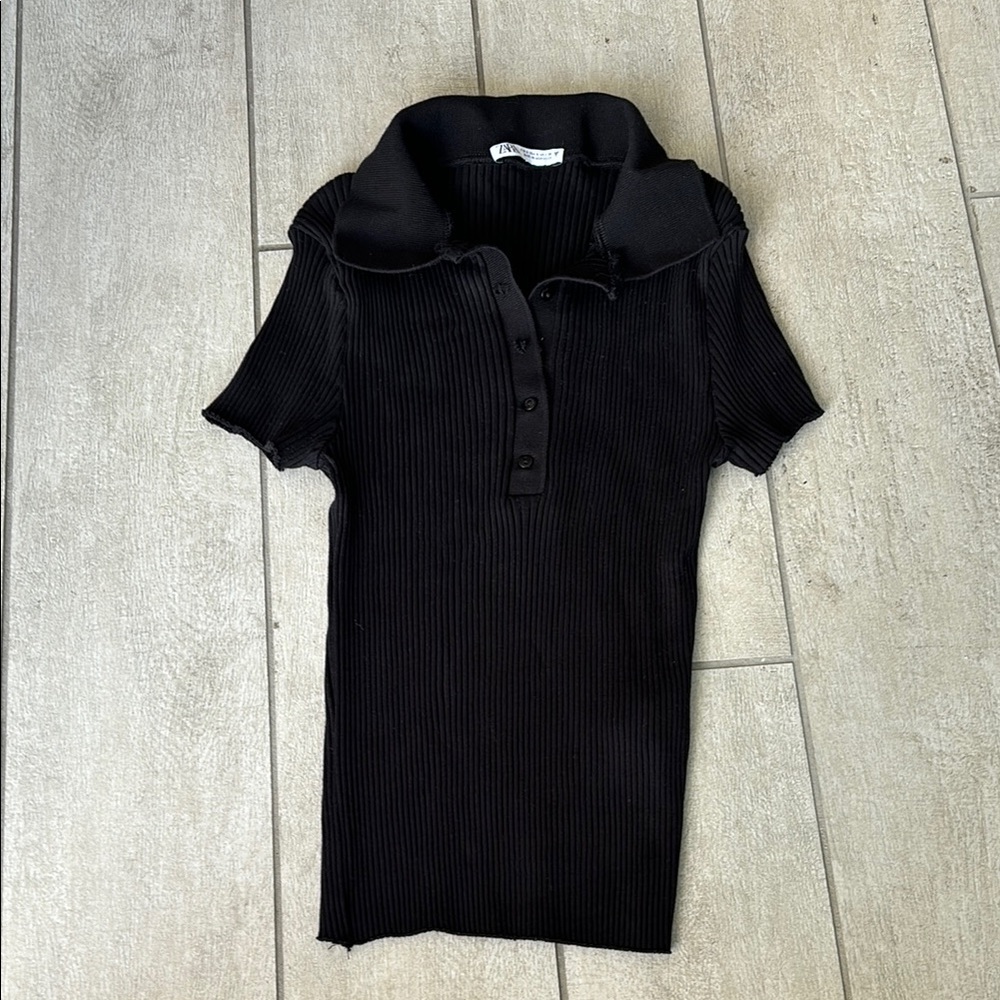 Zara Black Ribbed Polo size S